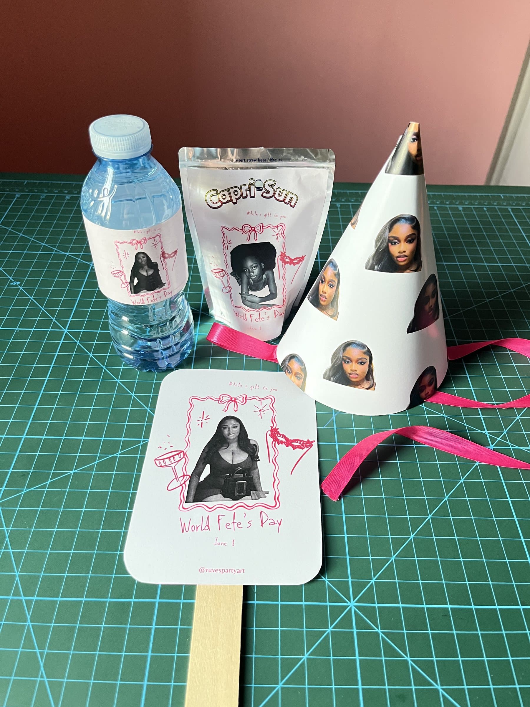 Branded water and favour set with party hat